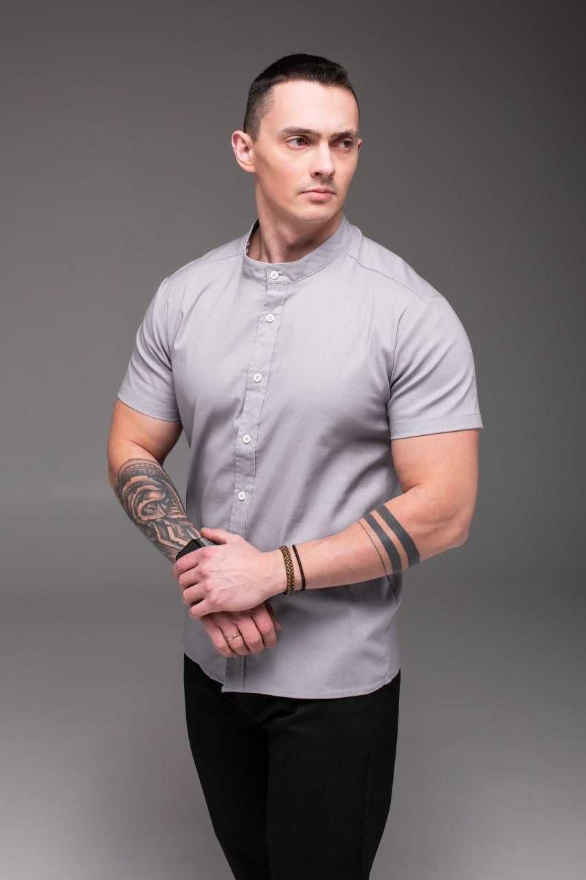 Мужская льняная рубашка с коротким рукавом и воротом стойкой, 3 цвета
