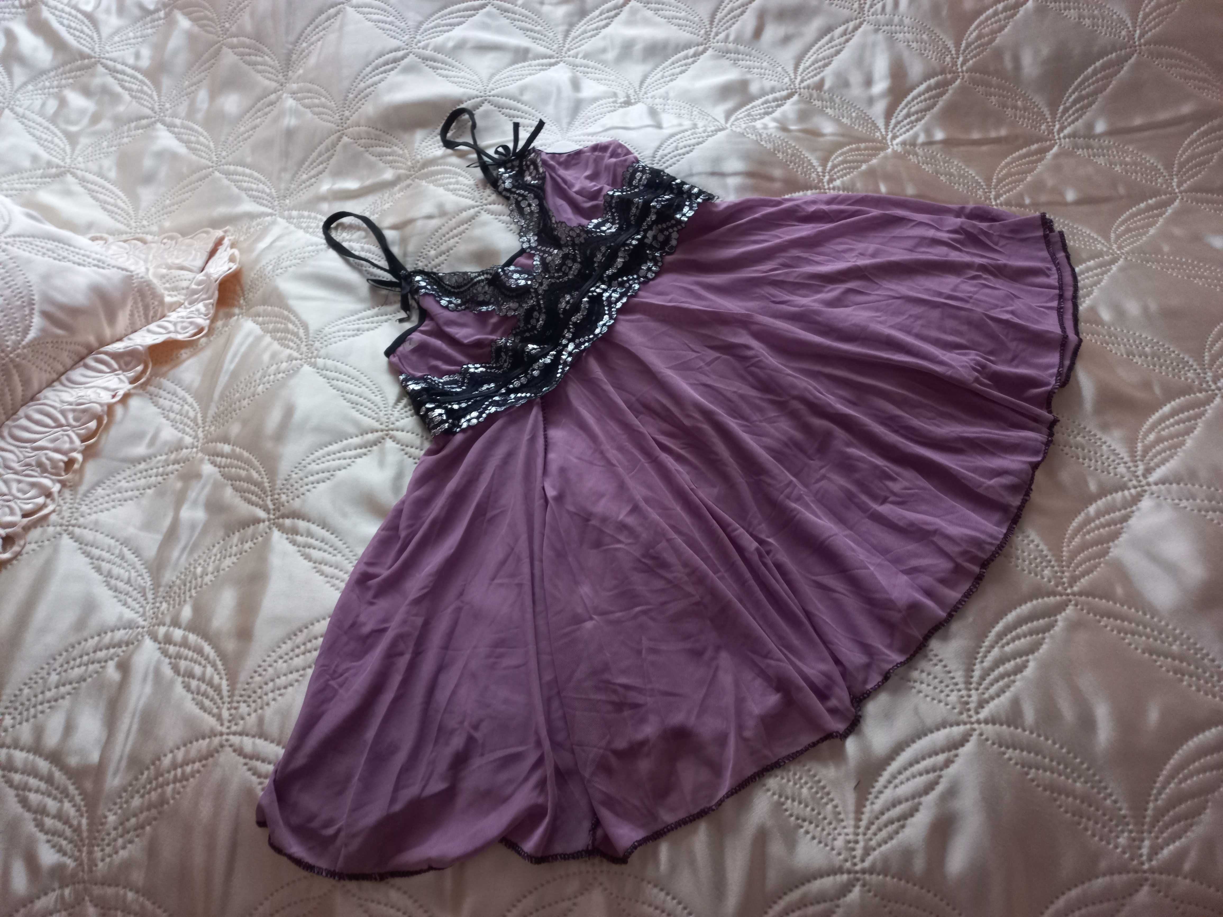 Halka koszulka do spania z koronką kolor jasny fiolet rozmiar 38 M