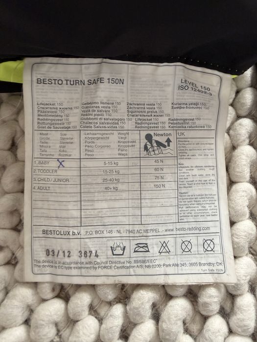 Kamizelka ratunkowa kapok BESTO Turn Safe 150N rozmiar BABY (5–15 kg)