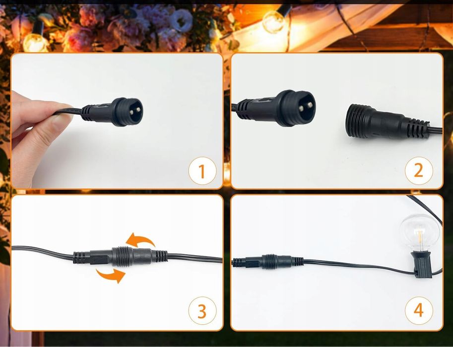 Lampki ogrodowe LED G40 31m 45+3 żarówki IP44 balkon taras ciepłe