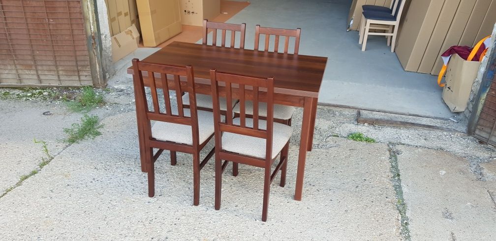 Nowe: Stół 70x120 + 4 krzesła, orzech + beż (szczebelki) dostawa PL