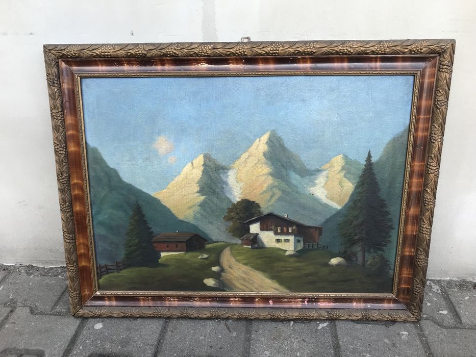 Duży obraz olejny, pejzaż z górami