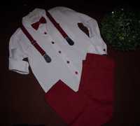 Czerwony KOMPLET 122 koszula mucha spodnie szelki