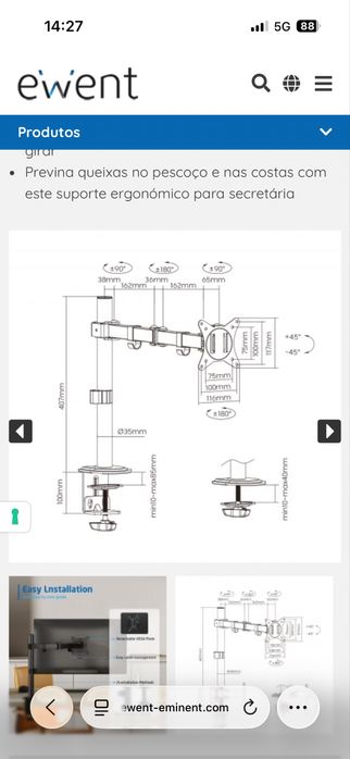 Suporte EWENT EW1510 para mesa de monitor, 1 monitor de até 34", VESA