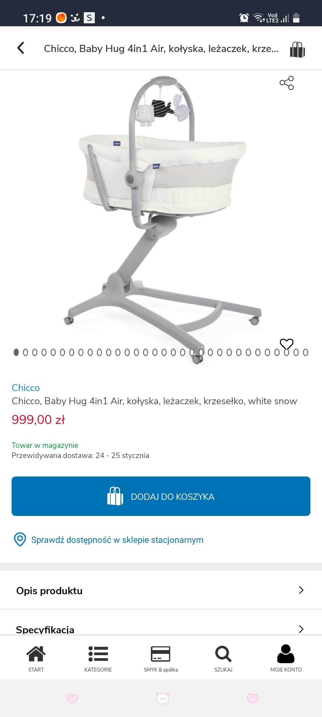 Łóżeczko krzesełko leżaczek kołyska chicco baby hug 4w1 białe white