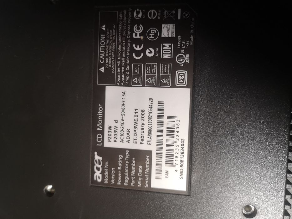 Монітор Acer 20'' p203w