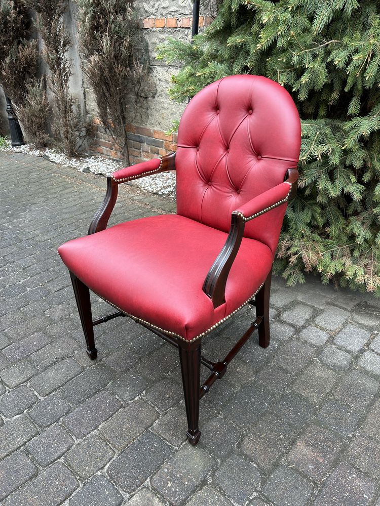 Krzesło Antyczne do Biurka Fotel Tron Skóra Naturalna Po Renowacji