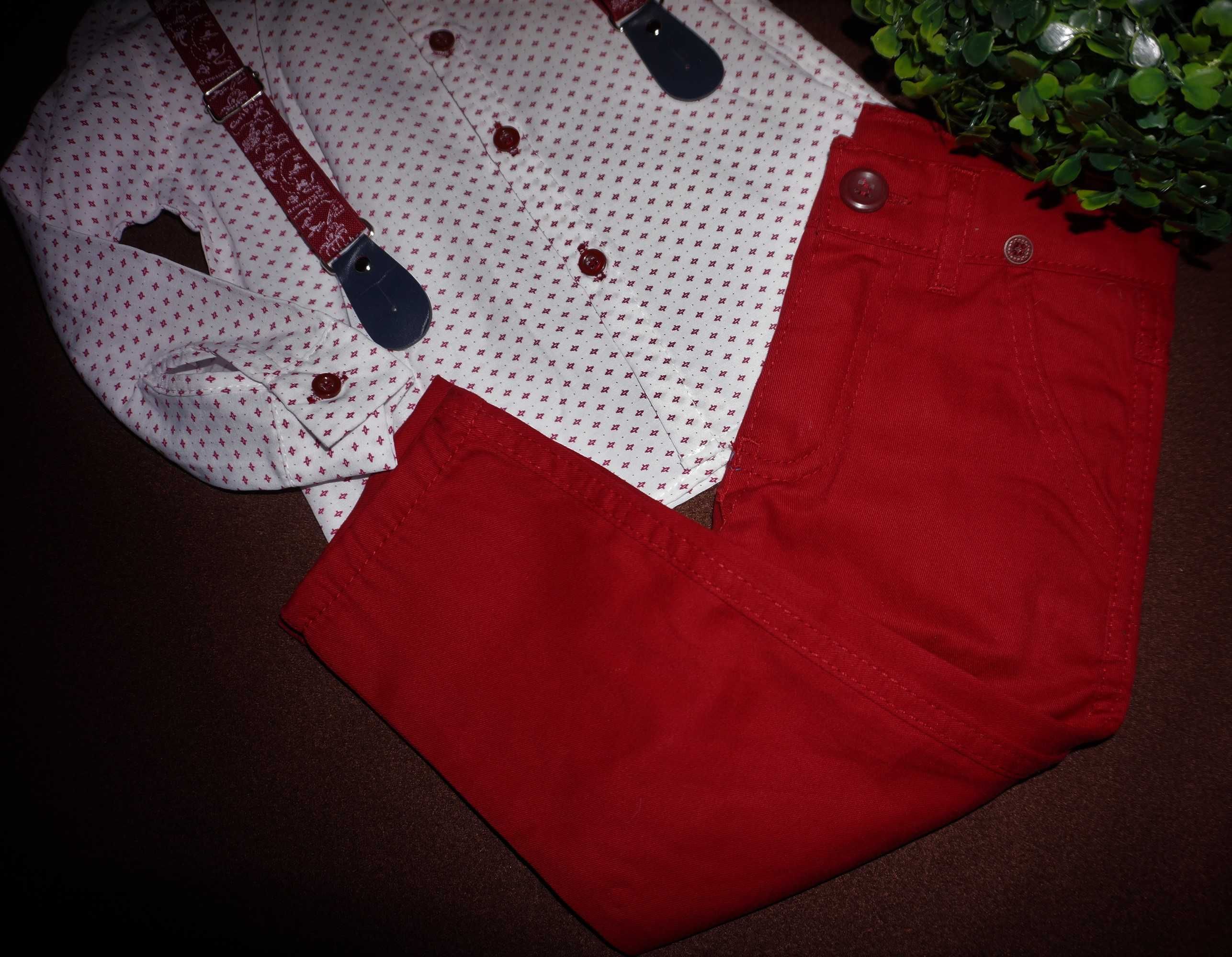 Czerwony KOMPLET chłopięcy 92 koszula spodnie mucha szelki