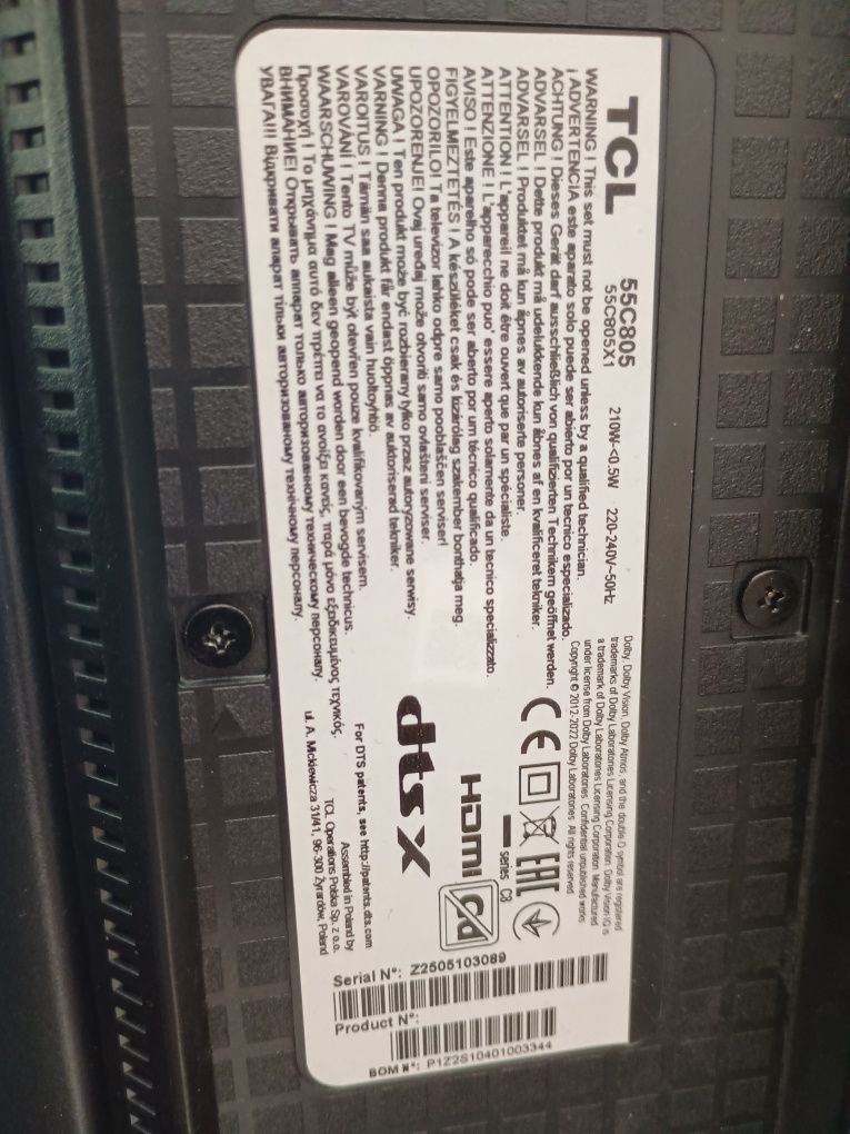 Telewizor TCL 55c805 uszkodzony