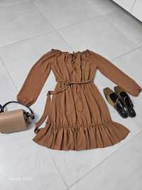 Шифонове плаття коричневого кольору знизу з рюшею