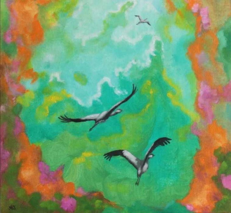 obraz olejny  żurawie ptaki  40x30 cm