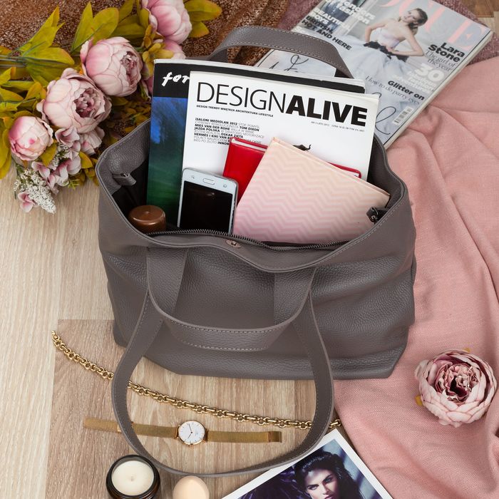 VERA PELLE torba skórzana shopper z długimi rączkami V529 ciepła szara