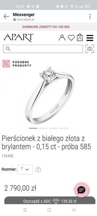 Pierścionek zaręczynowy Apart, Białe Złoto, okrągły brylant.