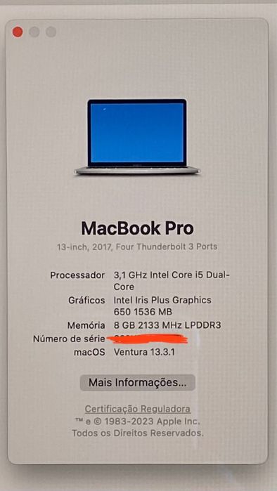 MacBook Pro 13.3 2021 modelo 2017, bateria com apenas 335 ciclos
