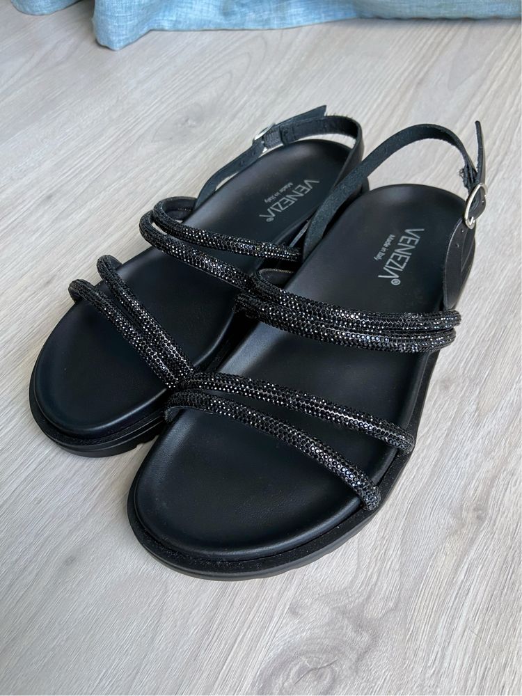 Sandały Venezia buty 37 kryształki błyszczące czarno lato paski