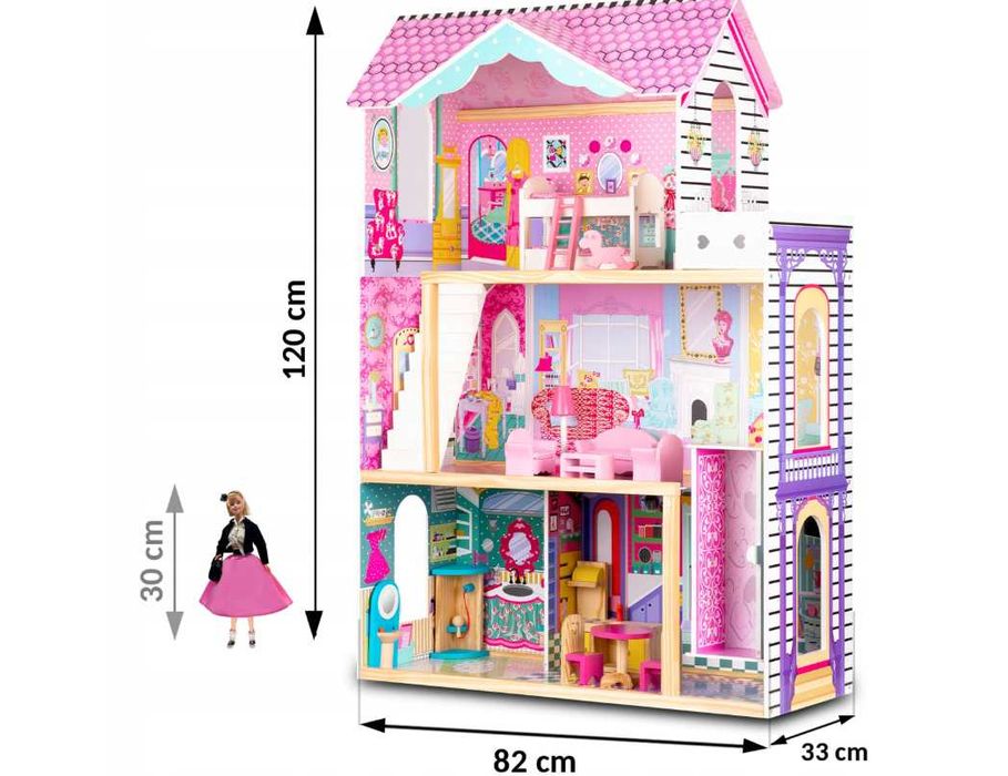 XXL Drewniany domek dla lalek różowy + meble, winda, akcesoria, LED