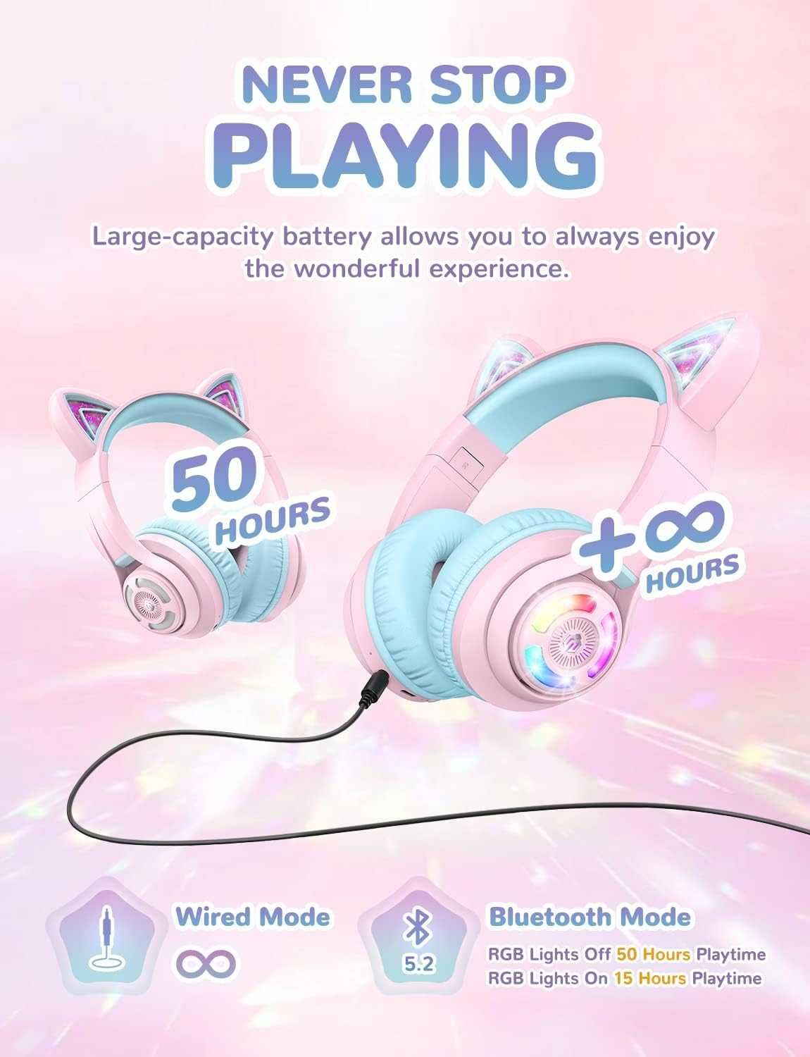 Słuchawki bluetooth dla dziewczynek kocie uszy RGB świecące, mikrofon