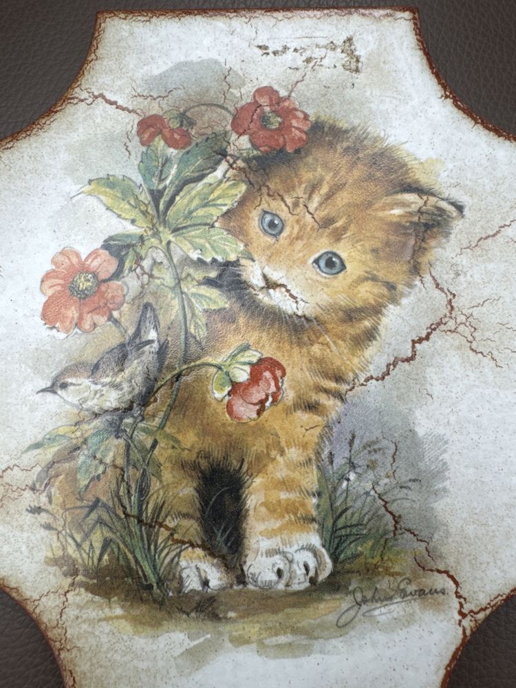 Stara plytka ceramiczna z kotkiem kot kotek handmade sygnatura