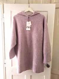 Liliowy sweter sukienka oversize wełniana liliowa wełna alpaka ZARA