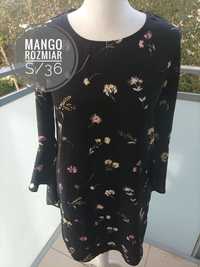 Sukienka elegancka z ozdobnymi plecami i rękawami motyw kwiatowy Mango