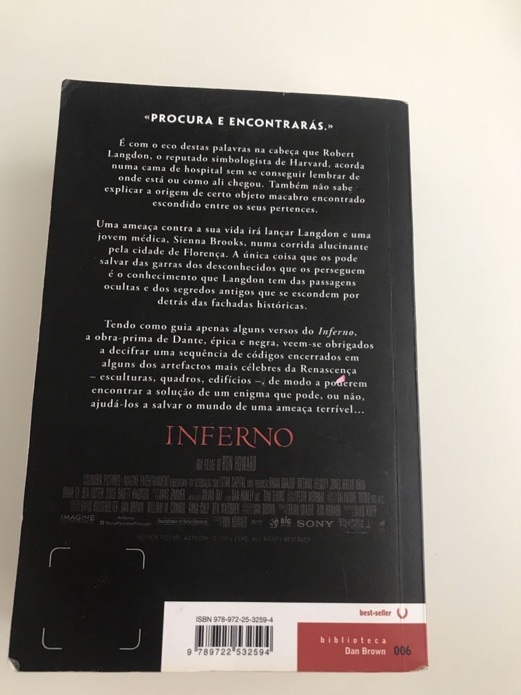 Livro “Inferno” Dan Brown (versão bolso)