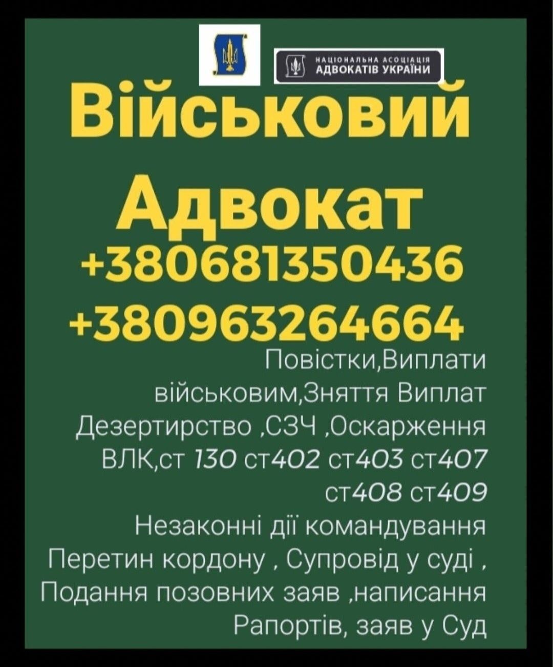 Адвокат Військовий, Сзч,Виплати,Влк,Рапорти,Запити,Оскарження ,ст 130