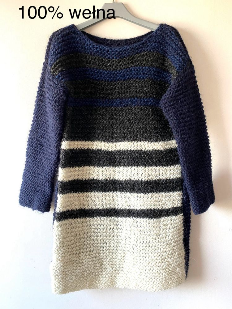 Wełniany długi sweter handmade gruby splot