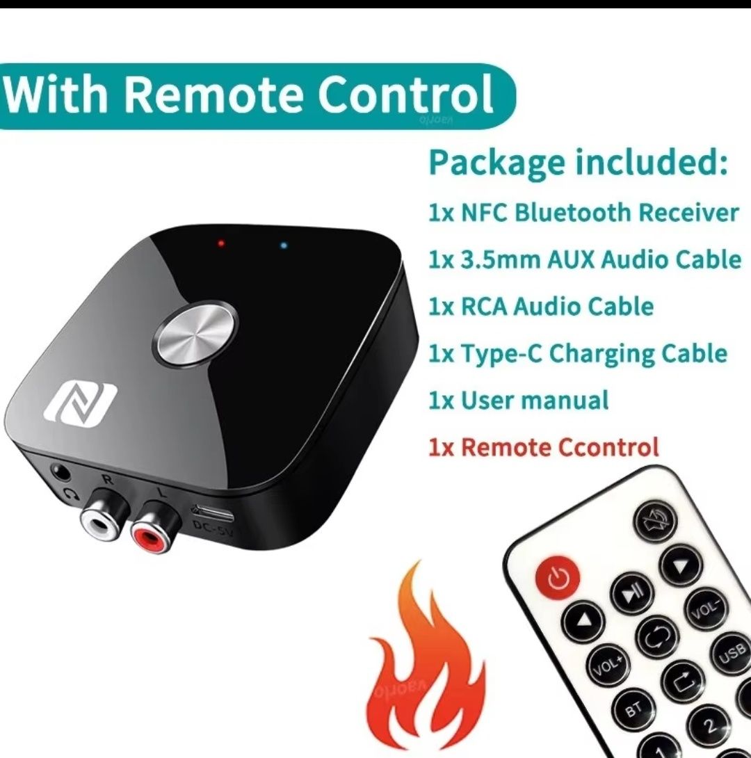 Bluetooth 5.3 аудио приемник.AUX,RCA, пульт,NFC.Ресивер стерео,usb,акб