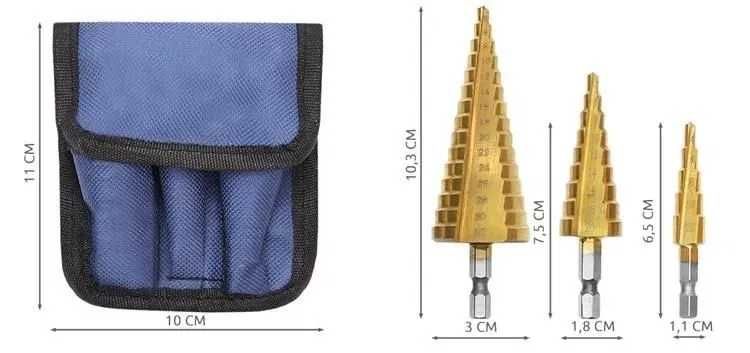 NOWY!! Zestaw wierteł stożkowych - 3szt.