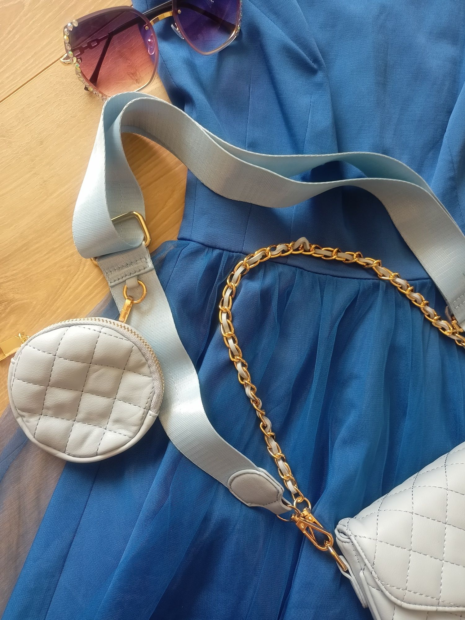 Nowa szaro-niebieska mała torebka listonoszka na ramię