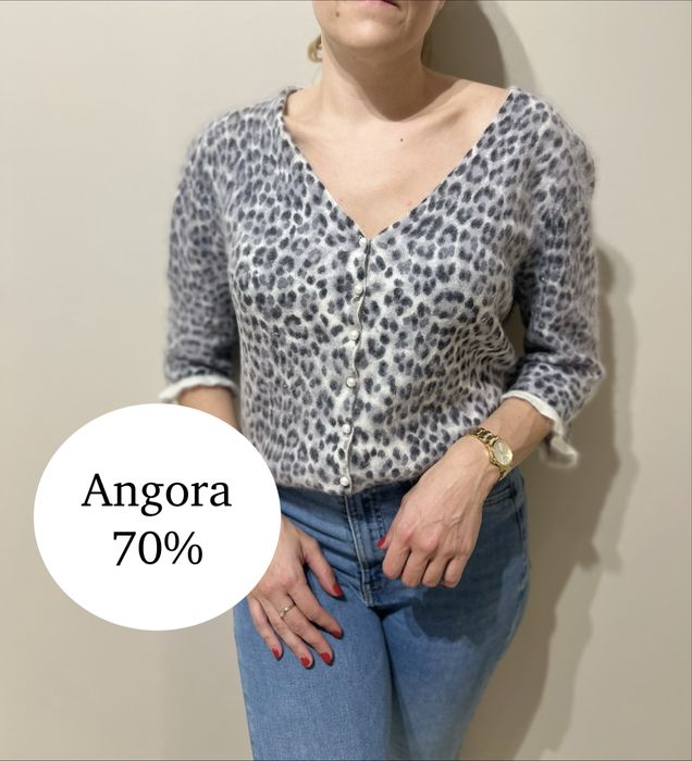 Piekny kardigan w panterkę wełna angora włos królika sweter