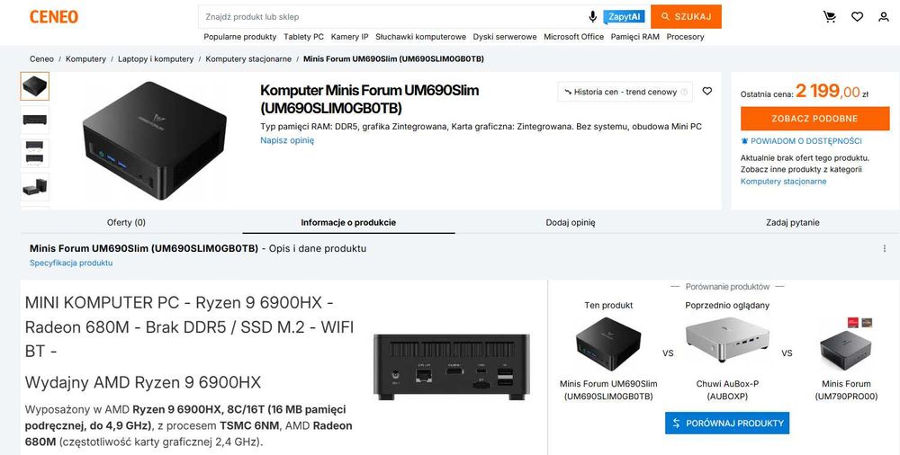 MINISFORUM UM690L Slim Mini PC, AMD Ryzen 9 6900HX (8/16wątków, 32 GB)