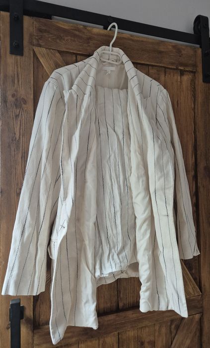 Zestaw komplet marynarka spodnie beżowe w laski lniane wiskoza H&M XL