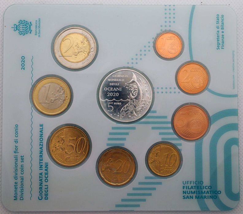 9 Moedas Set San Marino em FDC - Completo 2020 com 5€ Oceani em Prata