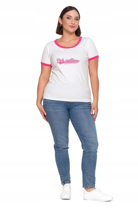 T-Shirt Koszulka Damska Bawełna Slim Z Napisami Biało-Różowy Moraj Xxl