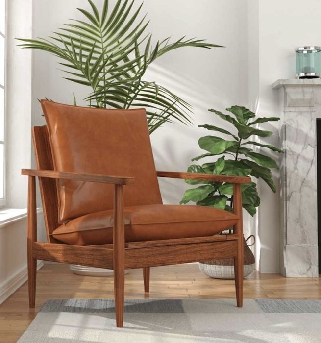 Fotel, brązowy, skóra naturalna i drewno akacjowe