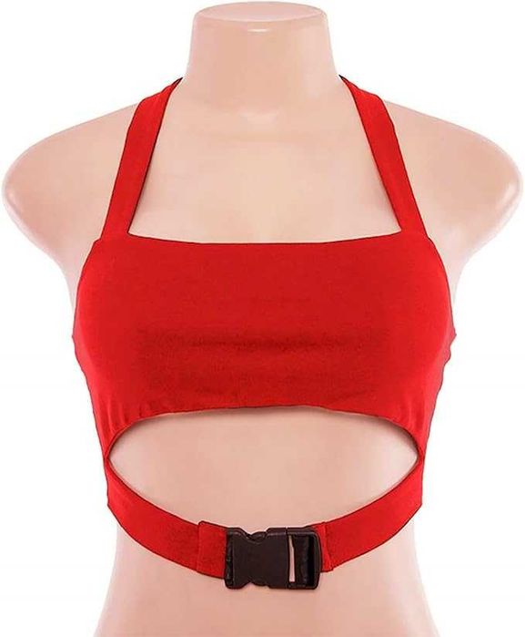 Czerwony crop top na szyję impreza Rave klamra S 36