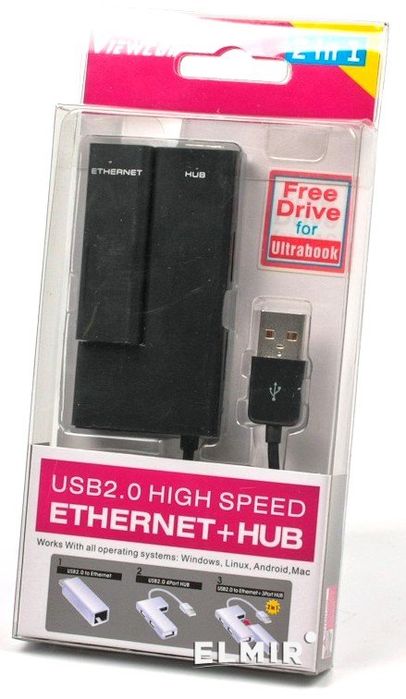 Viewcon VE450, USB-хаб USB2.0 to Ethernet 100Mb, 3 port