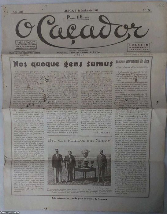 Antigo e RARO Jornal "o Caçador", n. 77, datado de 1 de Junho de 1935