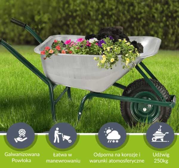 Taczka 100L, 250 kg Ocynkowana Misa Pneumatyczne Koło Solidna i Lekka
