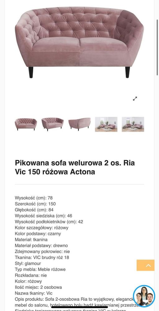 Kanapa welurowa różowa