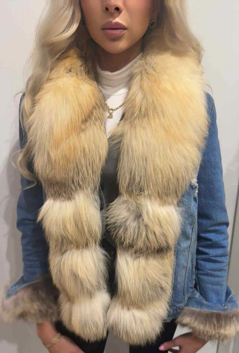 Jeansowa kurtka z lisem piekne obszycie kurtka z lisem S/M ocieplana