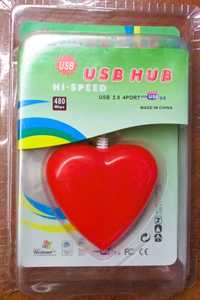 USB хаб 4-портовый сердце сердечко, красное