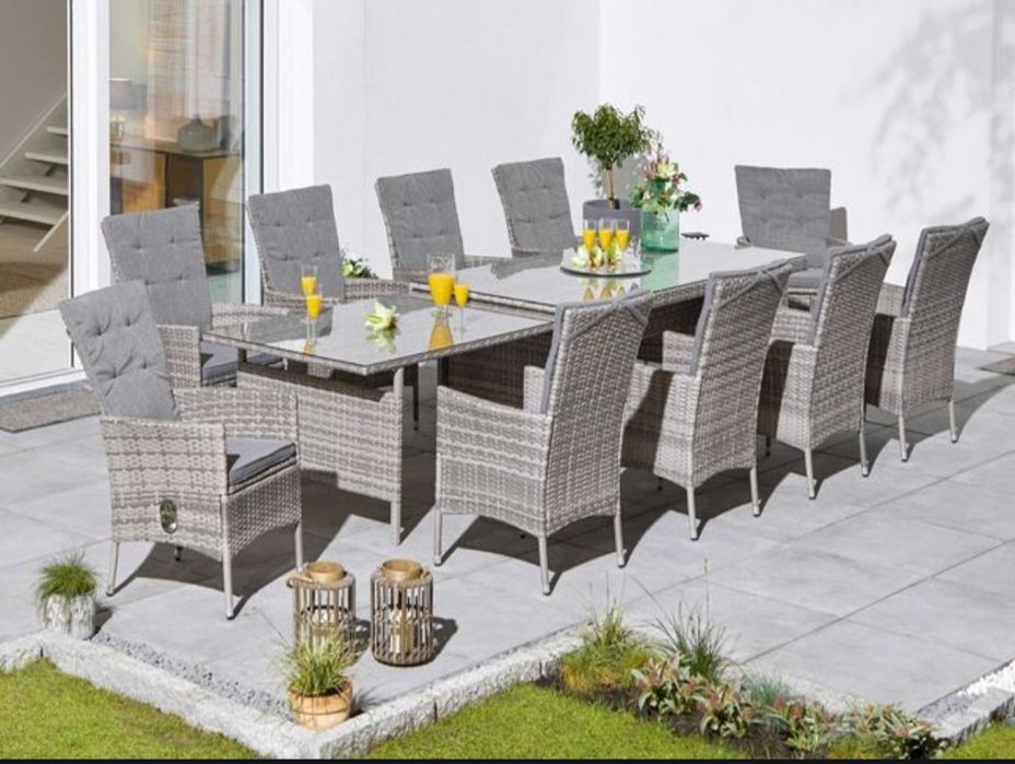 Meble ogrodowe BELLUNO stół 180- 300cm+10 krzeseł z poduszkami Konifer