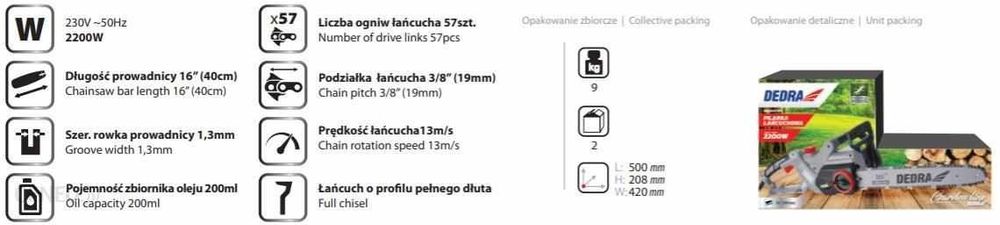 Sprzedam pilarkę łańcuchową elektryczną DEDRA DED8701