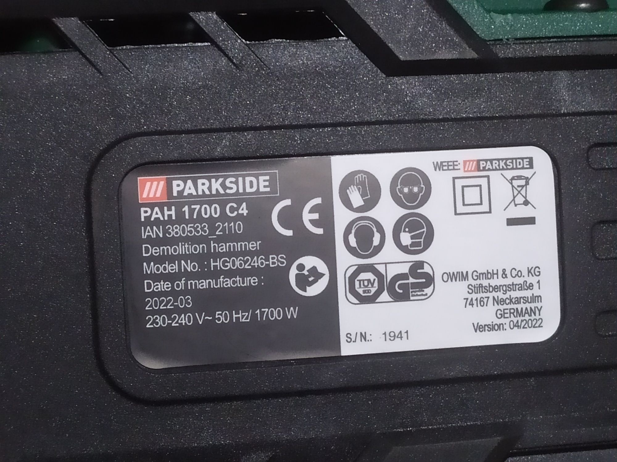 Мощный отбойный молоток Parkside pah1700c4