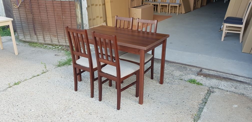 Nowe: Stół 70x120 + 4 krzesła, orzech + beż (szczebelki) dostawa PL