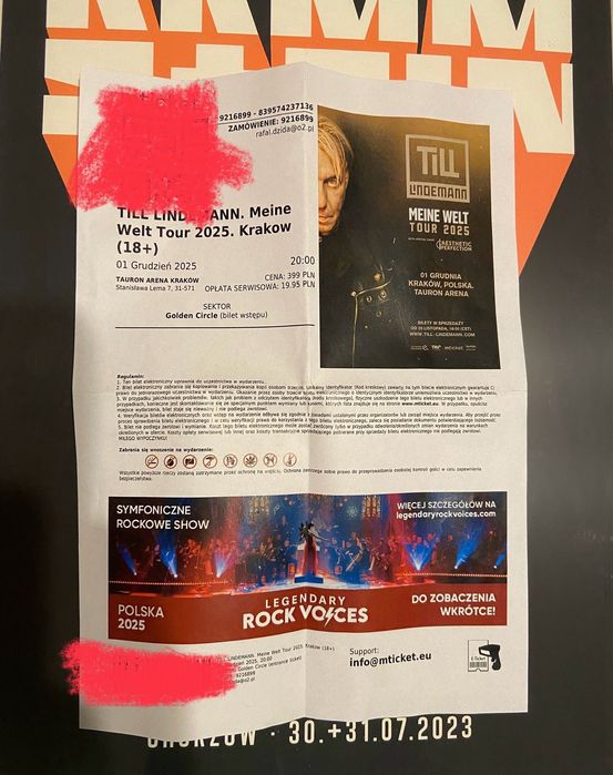 Bilet wokal Rammstein Lindemann koncert Kraków 1.12.2025 Golden Circle