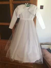 Biała sukienka, bolerko, torebka, do komunii z tiulem i gipiurą 128