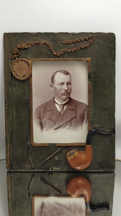 Secesja,obrazek,portret,na ramce fajka,zegarek kieszonkowy